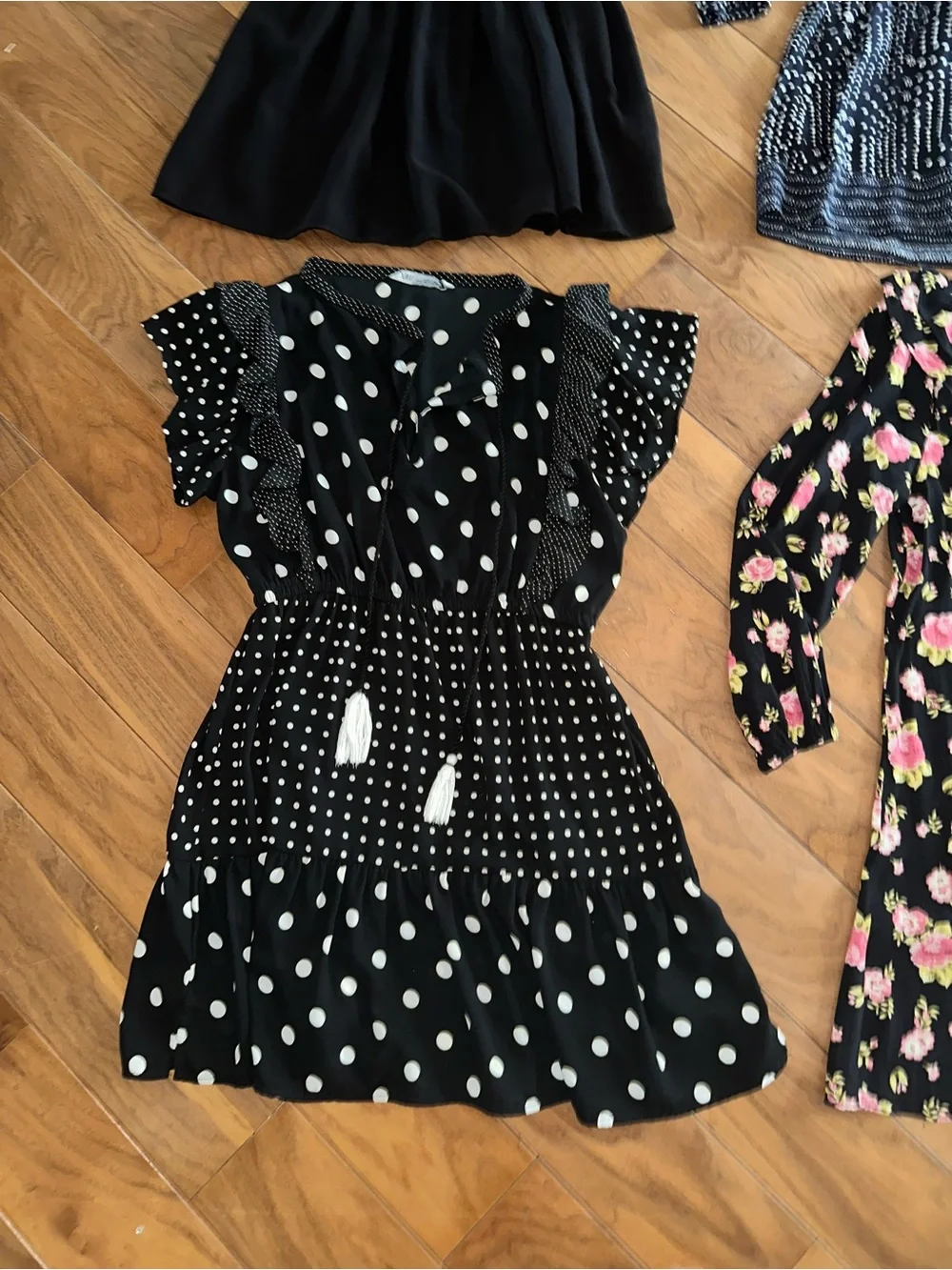 Zara Black Dresses with White Polka Dot and Pink Floral Accents - Picture 5 of 10